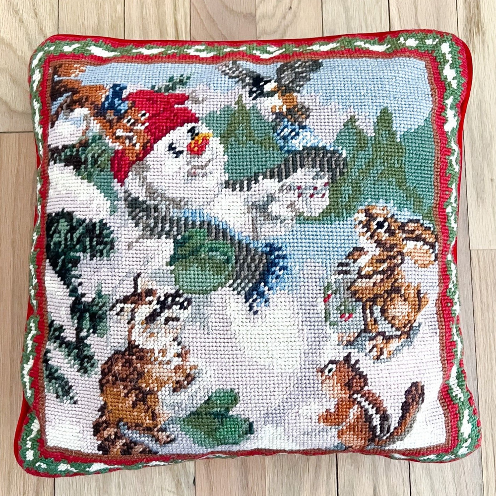 Vintage Needlepoint Christmas Snowman Chipmunk Bunny Square 13.5in Red